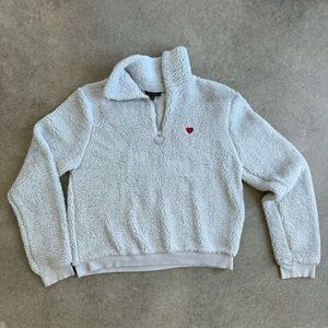 Topshop popcorn fleece light Grey 1/4 zip sweater with heart ♥️ logo. Size 10